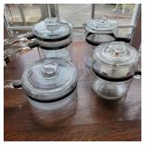 4 Pyrex glass Cooking pots, Coffee pot,