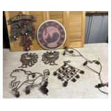 Wind chimes, cast iron chickens, thermometer,
