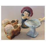 4 pottery planters - McCoy, ponies, etc - bird