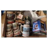 Large box misc - wicker doll settee, Stein, lamp,