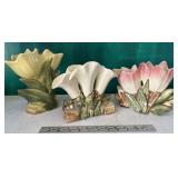 3 glazed McCoy floral vases - 1 is cracked