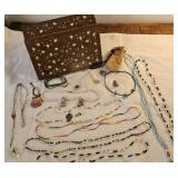 Inlaid wooden box with contents