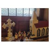 Paper mache folk art church, choir singers,