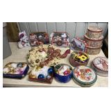 tub full of Christmas tins, wreath, bulbs,