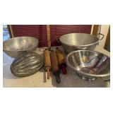 3 rolling pins, cake pan, strainer