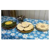 tub of floral plates, silver plate candy dish,