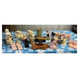 tub of pottery, planters, glass boots, some