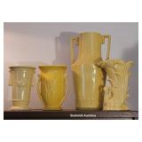 4 yellow pottery vases - Abingdon, McCoy, etc