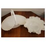 2 milk glass baskets