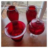 Ruby glasses vase, and  raised candy dish