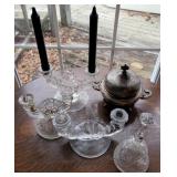 Candle holders, Butter dish, crystal bell, etc