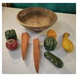 Wooden bowl with wood vegetables 13"