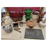 Crate lot -stoneware, tin tray, cutting board