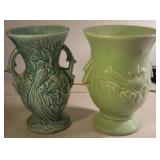 2 green McCoy vases - birds