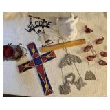 Stained glass cross, Two wind chimes, Hanging