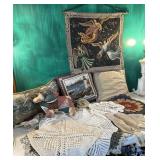 Bag of pillows, doilies, tapestry etcï¿½