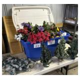 2 Tubs of fake flowers, mini Christmas trees,