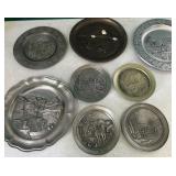 HEAVY pile of pewter & bronze decorative plates