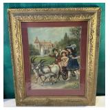Framed lithograph - children / goats -