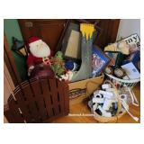 2 baskets & box misc - Christmas, electronics,