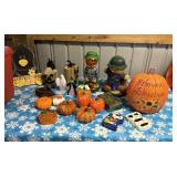 Tub of Halloween ceramic pumpkins, candy tins
