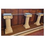 3 plaster pedestals with glass 29"t