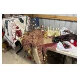 Tub of Christmas curtains, figurines, pillows,