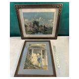 2 piece pastoral art - cottage & lady knocking on