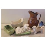 Box misc pottery - dog planters, vase, pitcher