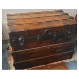 Nice pine flat top trunk with contents - curtains