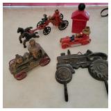 Metal bank, Cast iron Truck, Cast iron horses,