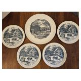 Five piece Currier and Ives cake set