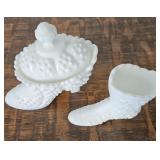 Fenton milk glass, shoe, shoe with lid