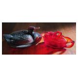 Amberina glass Covered dish duck., Covered dish
