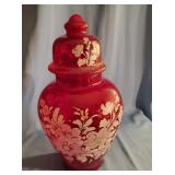 Large Ruby red hand painted ginger jar