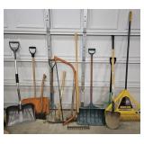 Yard tools, rakes, shovels, pick, axe