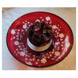 Ruby cut to clear glass rose bowl & Tray