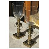 Brass candlesticks with glass shades 18in