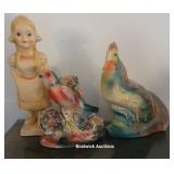 3pcs Carnival chalkware - chicken, bird, and girl