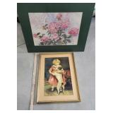 2 prints - dog and floral - no glass on cart 35