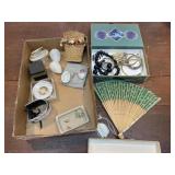 Girlie box lot - fan, costume jewlery, darning