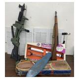 Vintage army, toys, telescope, skateboard,