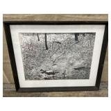 Framed woodland lithograph approx 21"x26"