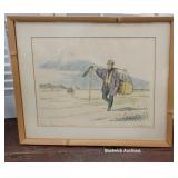 Farmer/work pencil signed Asian? In bamboo frame