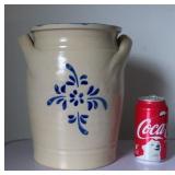 Vintage Stoneware Blue Decorated 2 Handle Crock