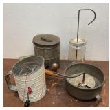 Vintage kitchen lot - flour sifters, food mill