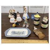 Misc figures, butter dish, salt & peppers, etc