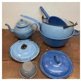 Blue enamel pots, lids and tea pot