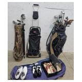 Golf bags, clubs, shoes