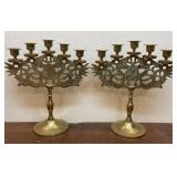 Pair of brass dragon etched candelabras